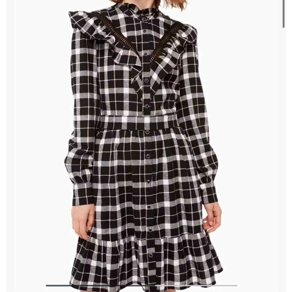 Kate Spade Rustic Buffalo Plaid Pearl Snap Flannel Winter Ruffle Dress S No Belt
